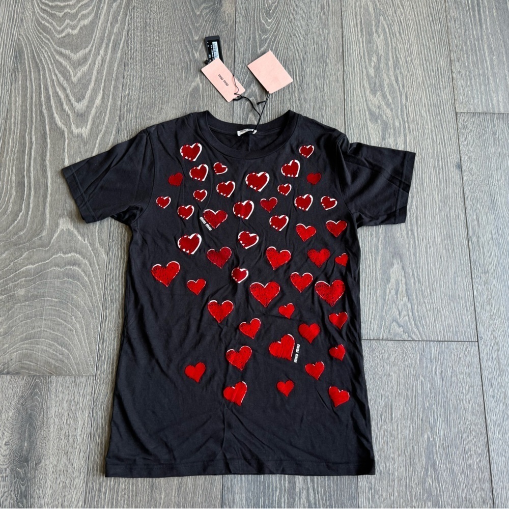 Miu Miu Graphic Heart Jersey Modal Tshirt in Nero Black Size Small